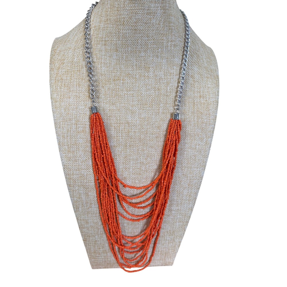 Orange Seed Bead Multi Strand Bib Statement Necklace Silver Tone Chain Layering